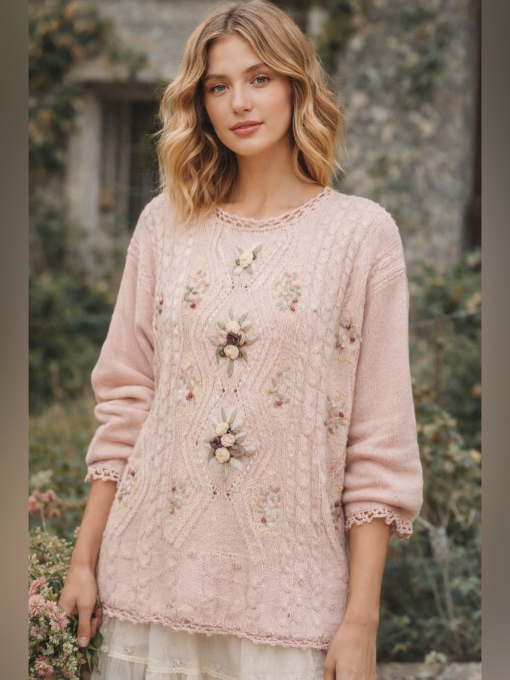 Vtg Shenanigans Cottagecore Floral Sweater M Pink Coquette Anthropologie Style